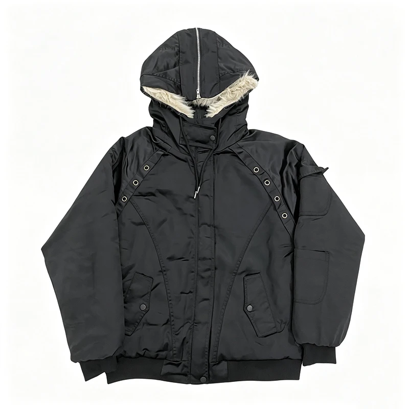 Y2K women's winter faux fur collar decorative hood, cotton padded jacket, rivet decoration, multi pocket street wear, windproof