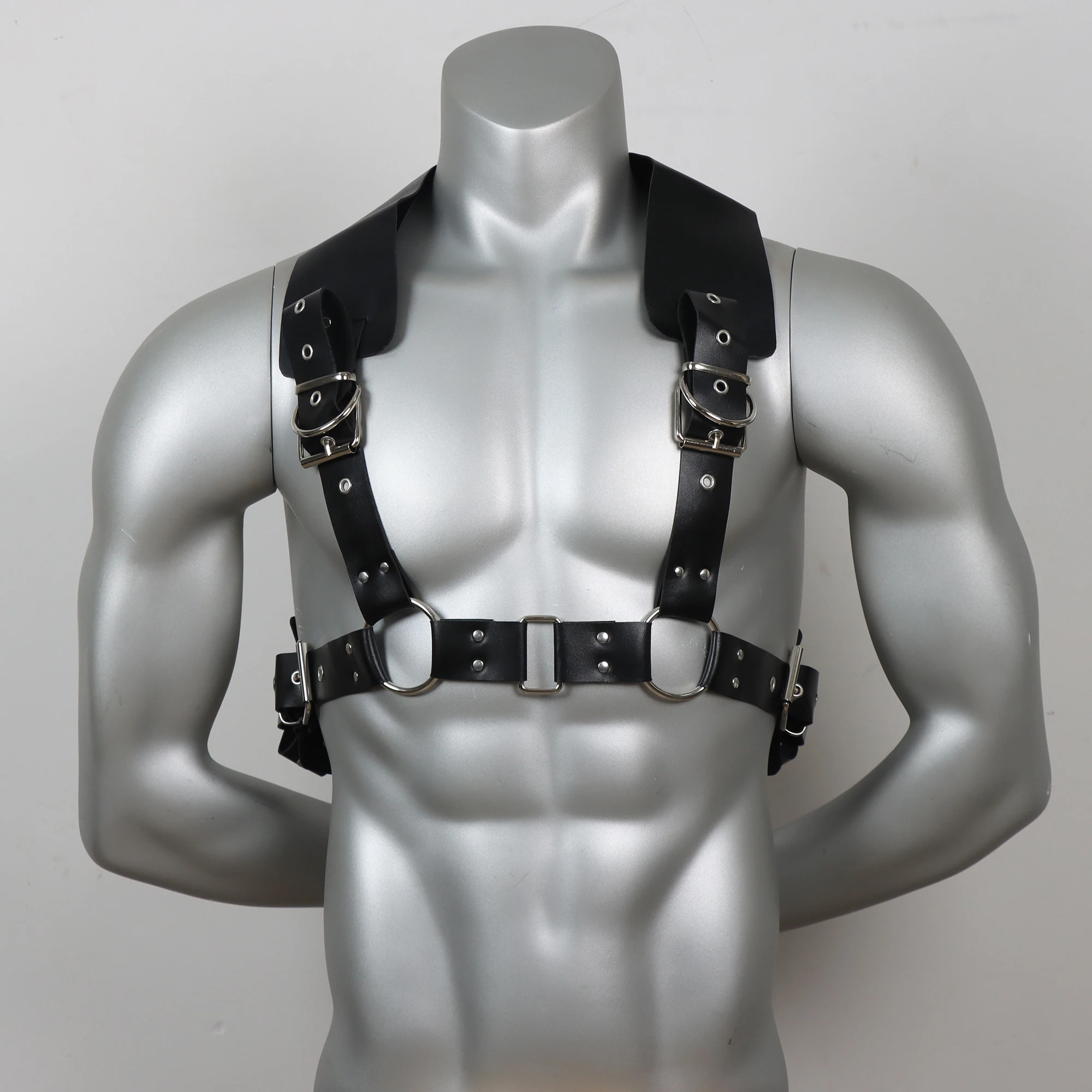 Men\'s Sexy Faux Leather Suspender Back Body Bondage Fashion Design Metal Rivet Harness Club Gothic Matching Top