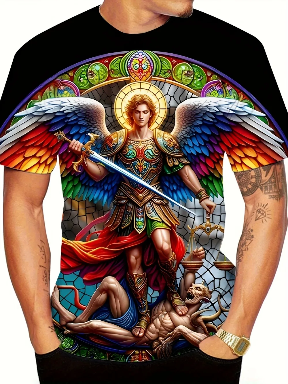 Stained Glass Art Archangel Michael Graphic 3D Printed T‑Shirt  Vintage Vibrant Mosaic Church Art Casual Streetwear Tops for Men