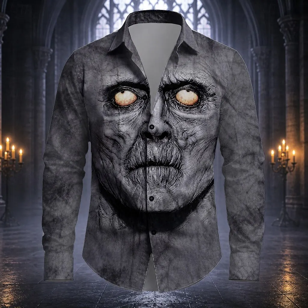 Men Halloween 3D Print Long Sleeve Shirt Zombie Face Gothic Lapel Shirt Horror Theme Casual Button Down Tops