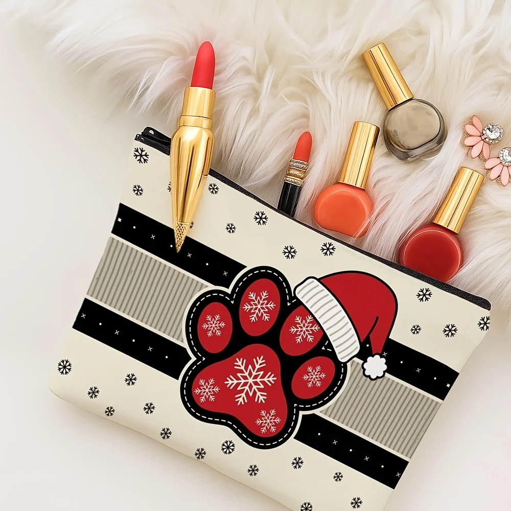Christmas Dog Paw Makeup Bag Santa Hat Snowflake Striped Print Zipper Cosmetic Pouch Travel Storage Bag Gift For Pet Lover