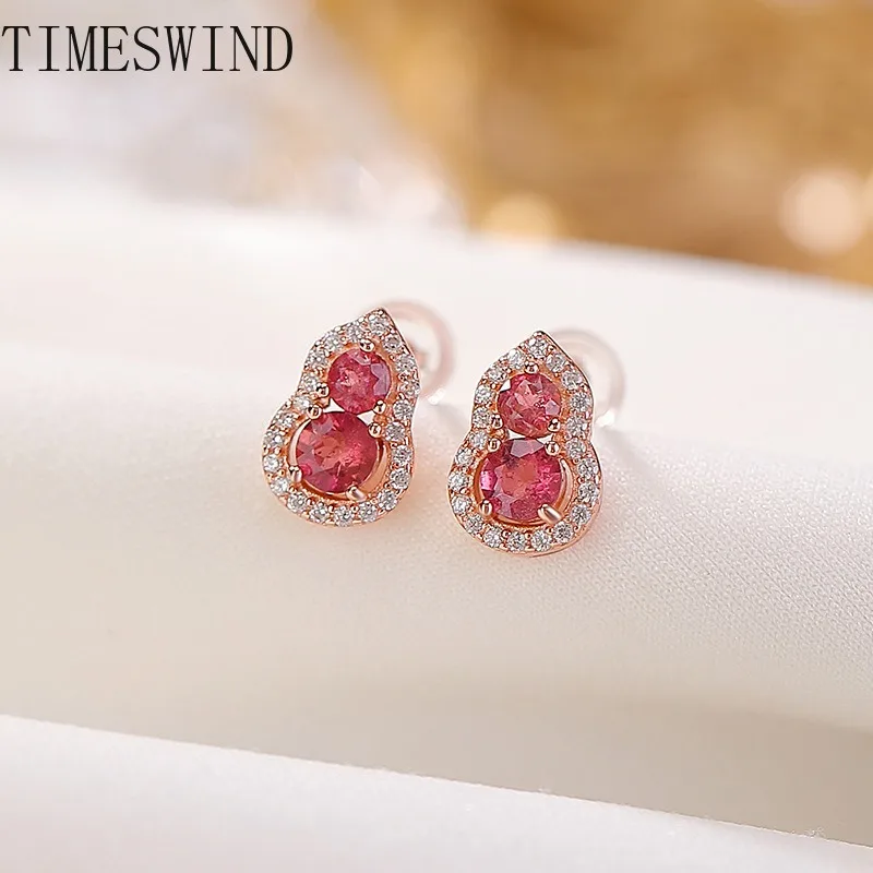 

TIMESWIND Authentic Pink Tourmaline Gourd Full Zircon Women S925 Silver Fashion Jewelry Earrings with Certificate