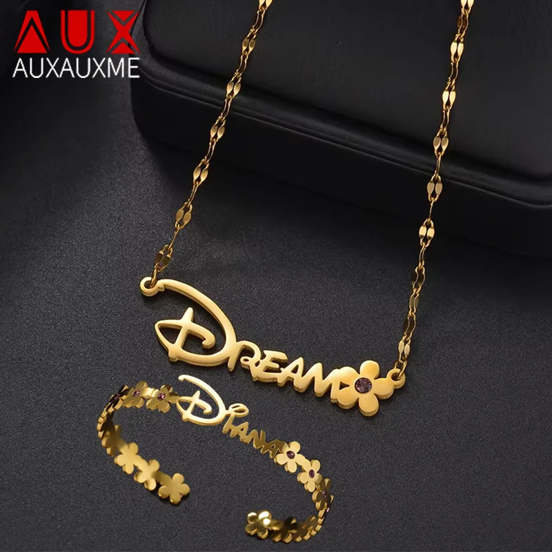 

Auxauxme индивидуальное имя, ожерелье с цветком, набор браслетов из нержавеющей стали, персонализированный браслет с подвеской в виде цветов из циркона, ювелирные изделия, подарки на вечеринку