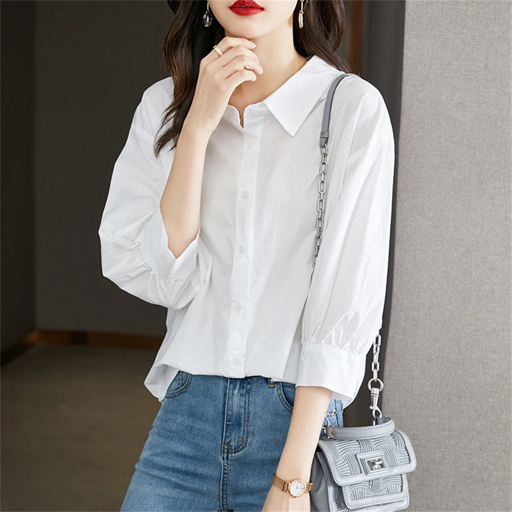 Blue/ White Button Up Cotton Shirt Women Summer Solid Color Tops Female Korean Fashion Lantern Sleeve Lapel Casual Loose Blouse