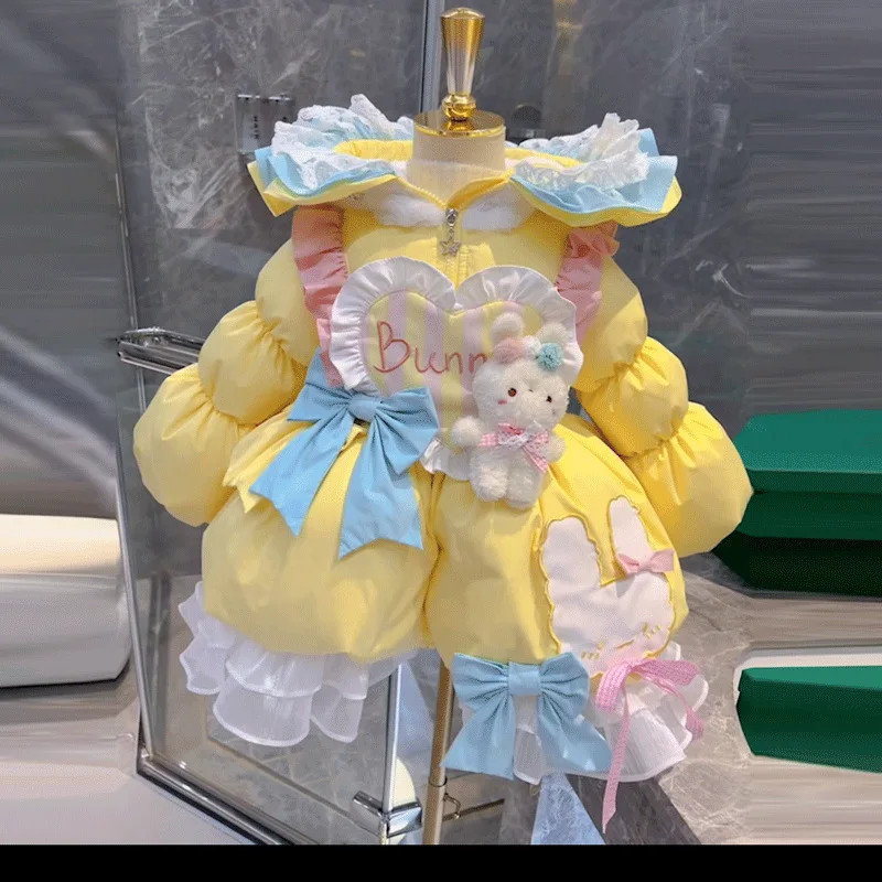 

Хлопковая куртка в стиле Лолиты с рисунком кролика для девочек, зимняя детская толстая теплая модная куртка с капюшоном, пальто с украшением в виде банта, утепленная верхняя одежда