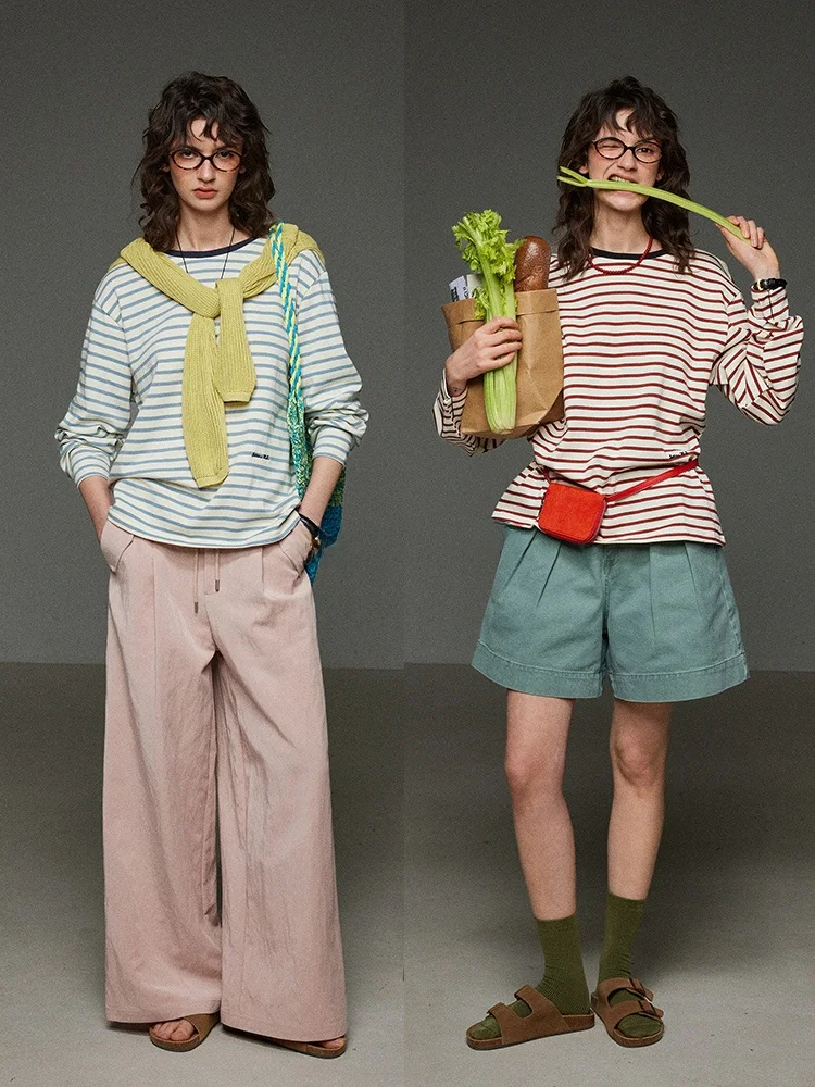 

Женская футболка LITLECOT с длинным рукавом, весна-осень, новая, винтажная, в полоску, ржаво-красного цвета, с круглым вырезом, повседневный топ