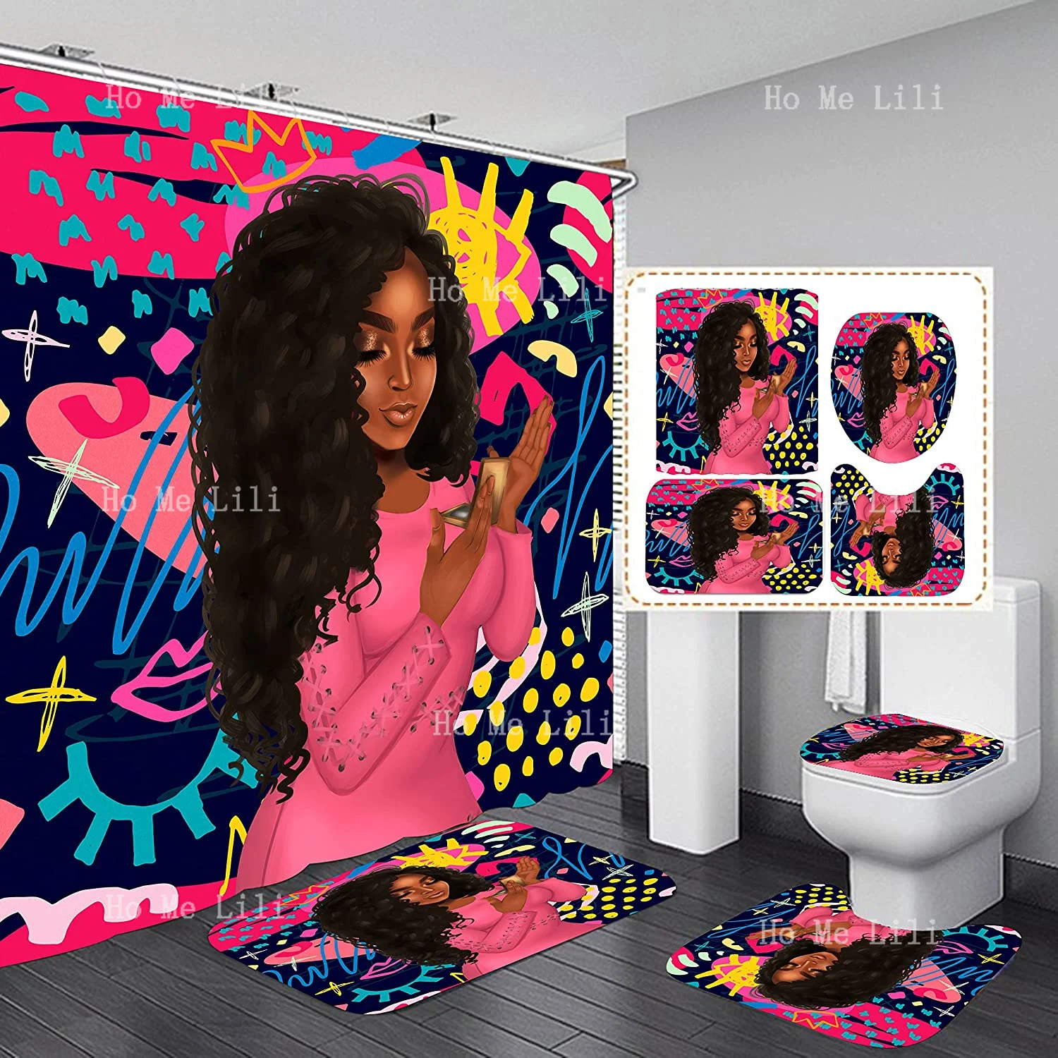 Traditional Classic African American Women Shower Curtain Sets 4pcs For Bathroom Decor