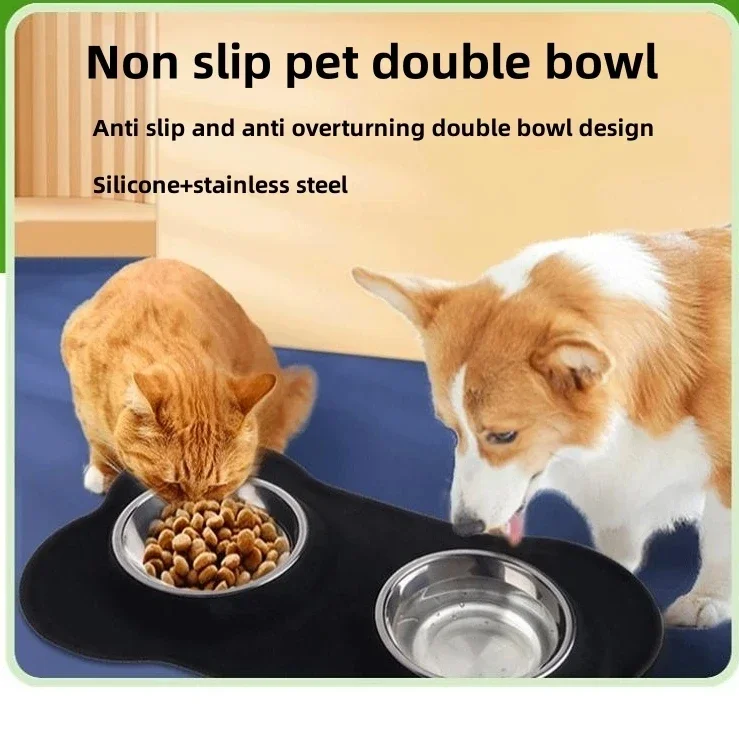 Silicone Bone Shape Pet dog Mat Double Bowl Durable Bite-Resistant Non-Deformable Food Water Feeder Stainless Steel Feeding Bowl