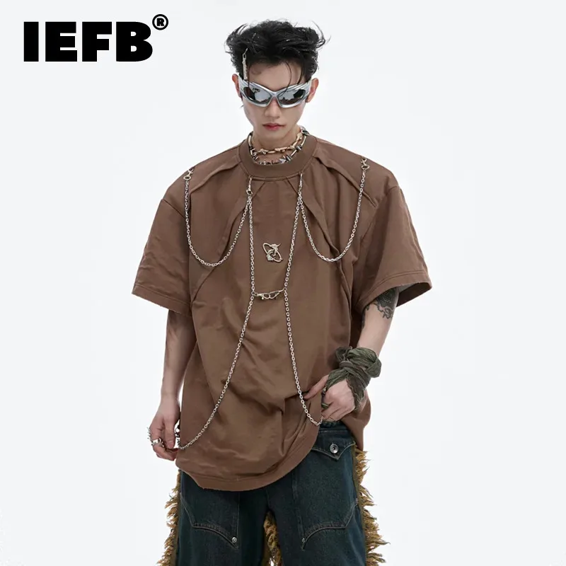 IEFB Metal Chain Men's T-shirts Worn-out Shouder Pads Tee Niche Style Round Collar Short Sleeve Male Top New Fashion 2024 9C6804