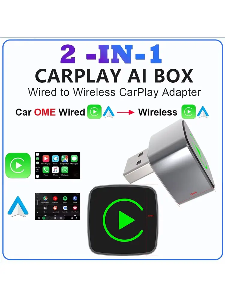 Adapter 2w1 Przewodowy na Bezprzewodowy CarPlay Android Auto Bluetooth do Oryginalnej Radia Samochodowego z USB Donglem Smart Mini Box Plug and Play — 2