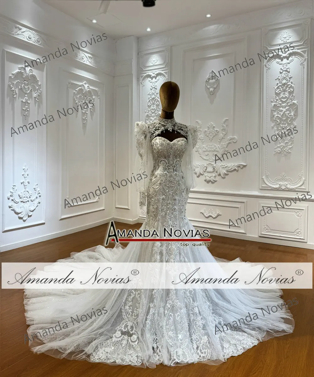 Customized M052 Luxury High Neck Long Sleeve Mermaid Wedding Dress