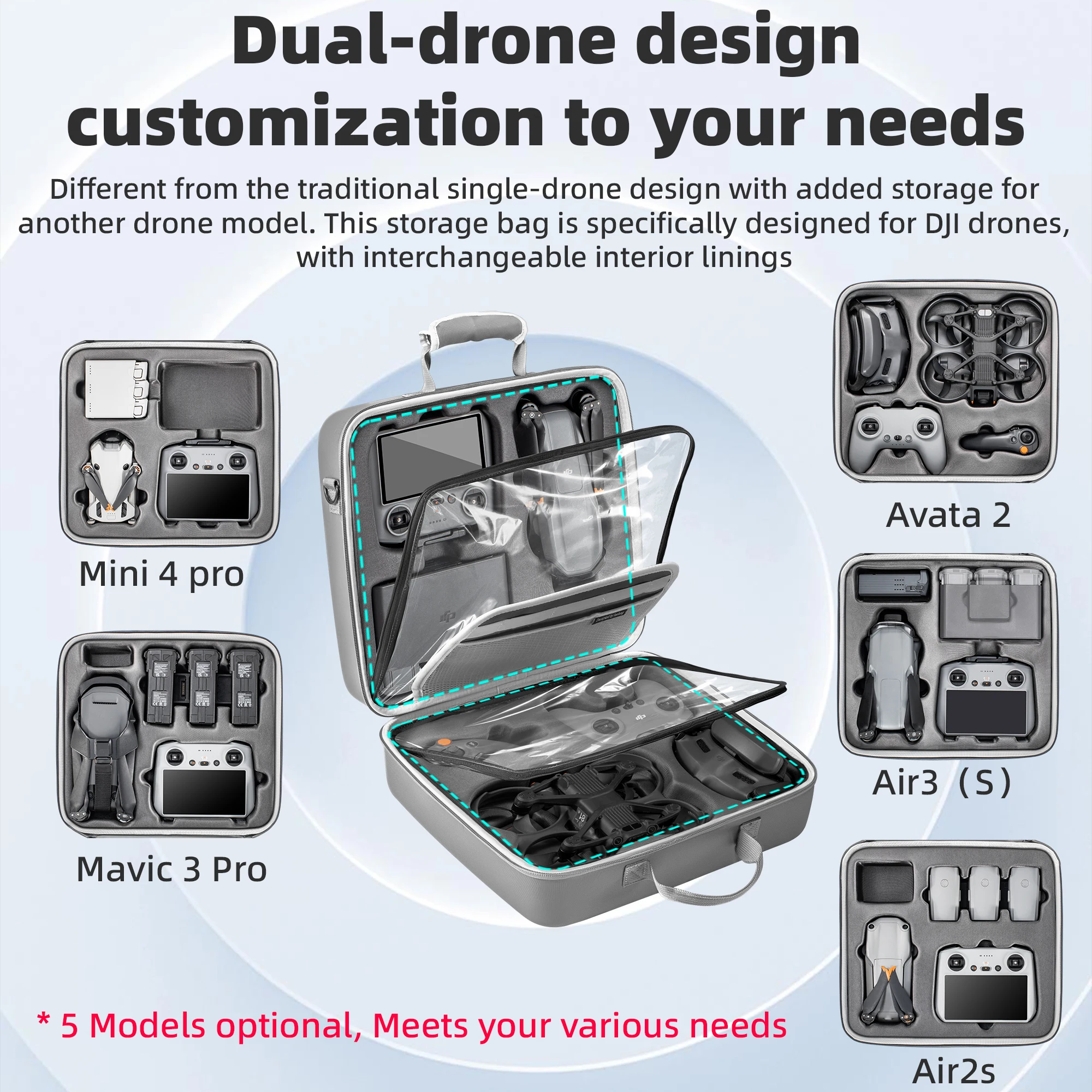 STARTRC For DJI Avata 2/Air 3/3S/Mini 4 Pro Accessories Dual Drone Storage Case PU Carrying Case Portable Shoulder Bag Handbag