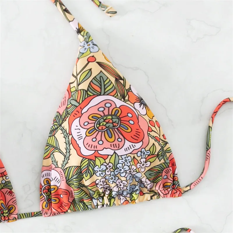 Bikini Set Sexy Floral Print Micro Thong Bikini String Halter Swimwear Women Mini Swimsuits Bathing Suit Biquinis Mini Triangle