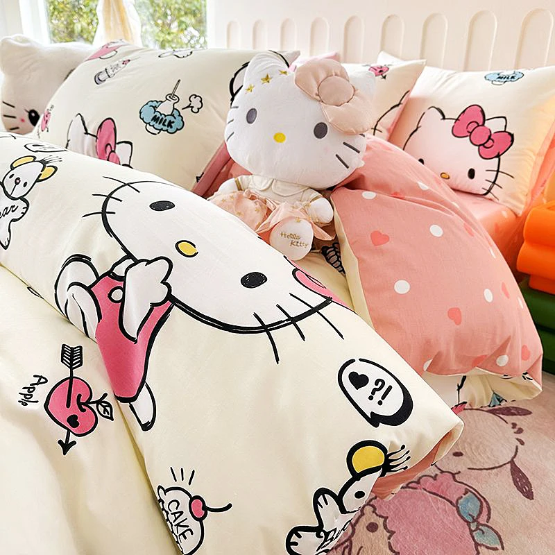 

Sanrios Bedding Set Anime Figure Hellokittys Cotton Bed Sheet Queen King Size Pillowcase Bed Linens Kitty Love Heart Duvet Cover