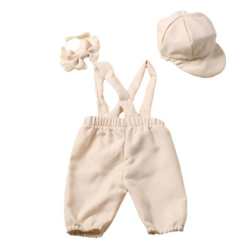 Newborn Baby Photography Prop Outfits Striped Overall Romper Hat Bow set Photo  Costume Suitable for 0-1 Months P31B