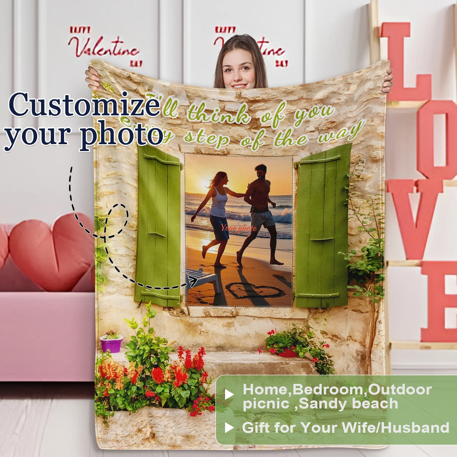 

Romantic Seaside Photo Frame Customized Picture Blanket 3rd Anniversary Gift for My Wife Husband,Boyfriend Girlfriend Souvenir