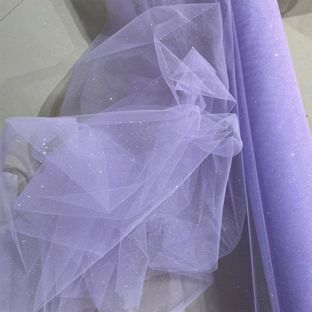 Purple champagne fine glitter medium hard shiny crystal transparent mesh background layout tulle wedding dress fabric