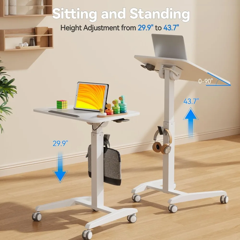 Mobile Standing Desk with 90° Tiltable Desktop, Portable Rolling Standing Desk, Height Adjustable Sit Stand Foldable Desk