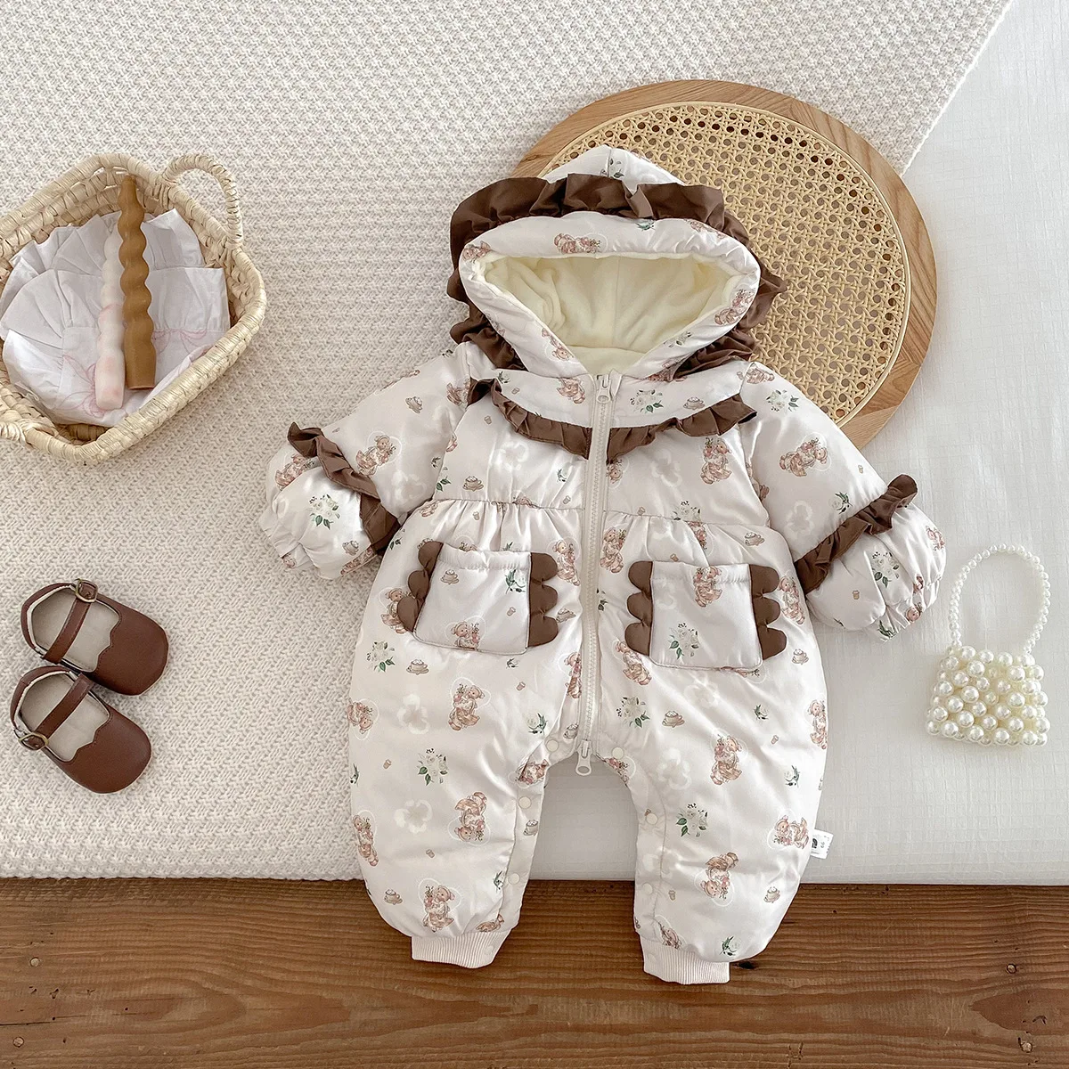 UNIFEMEN Baby Girls Winter Onesies Lace Hooded Cartoon Full Printed Infant Girls Romper Cotton Padded Warm Newborn Girl Jumpsuit