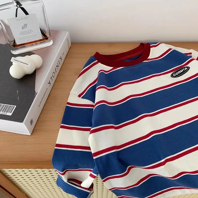 5569-1 Kinderen T-shirts met lange mouwen 2025, Lente Herfst Gestreept Jongen Sweatershirt Knappe Dieptepunt Shirts Tops