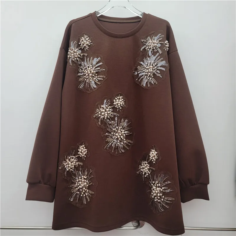 WHT Moda Feminina 3D Frisado Solto Moletom 2025 Inverno Na Moda O-pescoço Mangas Compridas Pulôveres Feminino 1LS2753