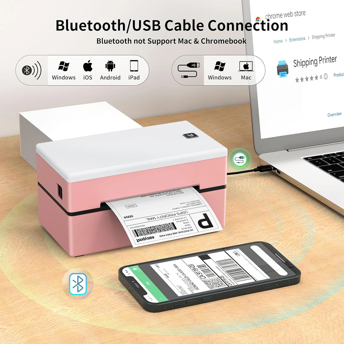 Thermal Printer D200 Pink Bluetooth Protable Inkless Self-adhesive HD Printer Compatible with iPhone Android Mac Window