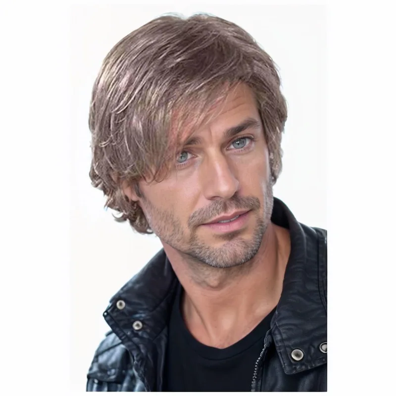 

Euro-American Men's Short Hair Synthetic Curly Gray Short Wig with Slightly Lifted Ends, Voluminous Side-Parted Long Bangs Wig