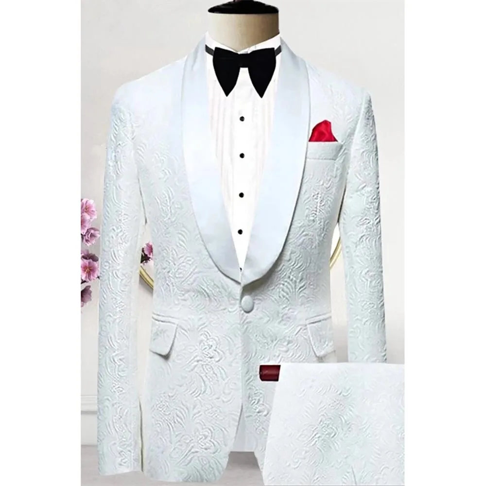 

Elegant White Jacquard Men Suits Shawl Lapel One Button Slim Fit 2 Piece Jacket Pants Sets Elegant Wedding Outfits Male Clothing