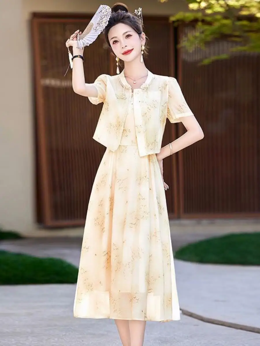 elegant-new-chinese-style-printed-dress-set-women's-fashionable-summer-two-piece-ensemble-ear-cover-trendy-belt-accessory