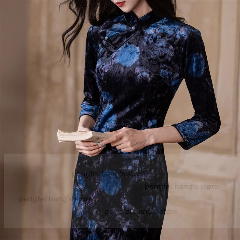 

Soft Velour Chesongam Women Elegant New Chinese Style Dress Long Flower Print Qipao Dress Tradition Mandarin Collar Vestidos