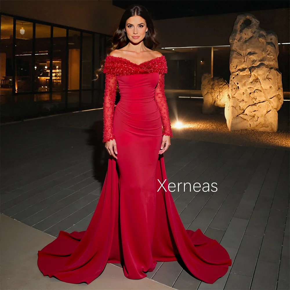 Customized High Quality Chiffon Beading Pleat Trumpet Off-the-shoulder Long Dresses Bespoke Occasion Chinese Style