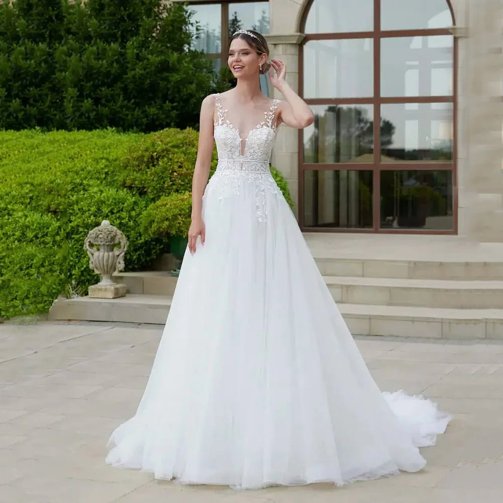 

White Wedding Dresses A-Line Tulle Boho Brides Gown Deep V Neck Lace Appliques Backless Elegant Bridal Dresses Customized