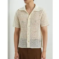 Men's Shirt Summer New Fashion Solid Color Short Sleeved Loose Casual Mesh Hollowed Out Shirt for Men