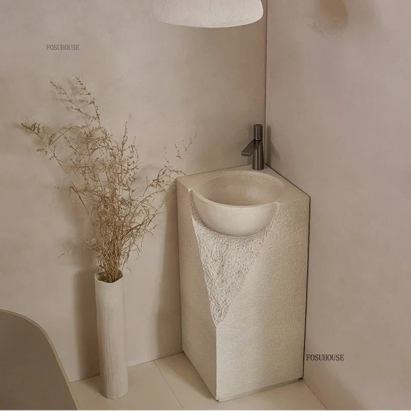 

Дизайнерская напольная раковина Wabi-sabi в кремовом стиле, интегрированная в пол, художественная каменная раковина-чаша для умывания, креативная раковина для лица