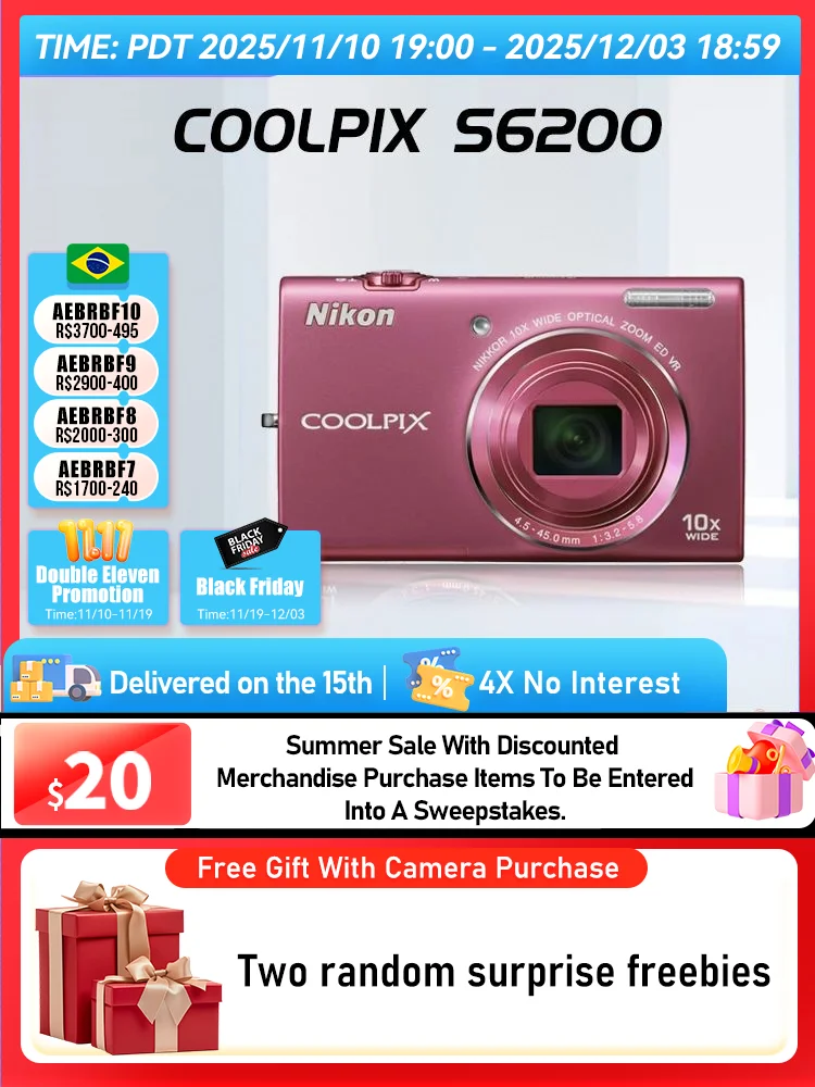 كاميرا Nikon COOLPIX S6000 S6100 S6200 المحمولة الصغيرة بطاقة رقمية 10X عدسة تكبير بصري 16.00MP 720P HD كاميرات الفيديو (مستعملة) #1