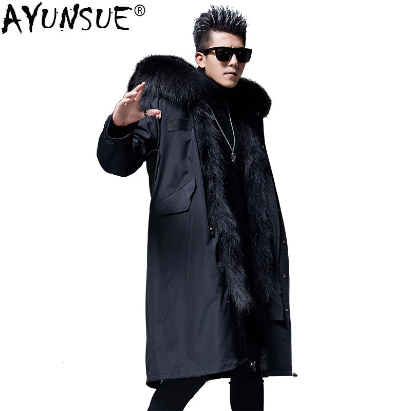 

Mens Parka Real Fur Coat Winter Jacket Raccoon Liner Long Windbreaker Warm Parkas Plus Size Jackets MC18C033 KJ1570