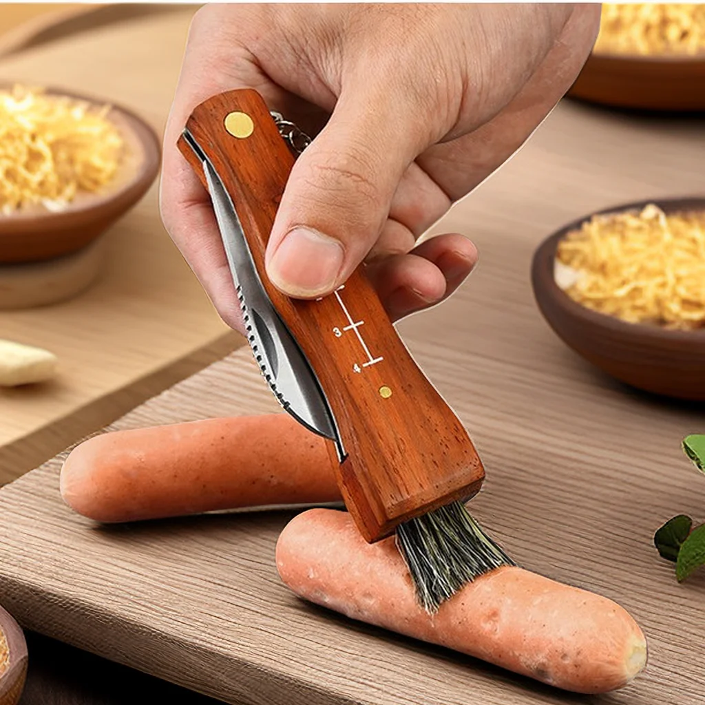 Outdoor Camping BBQ Mushroom Knife With Brush Portable Keychain Sharp Hunting Survival Multifunctional Folding Knife Brushes