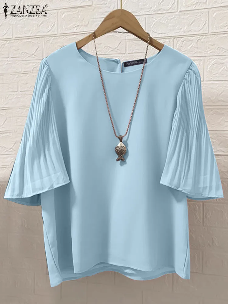 ZANZEA Women 3/4 Flared Sleeve Blouse Summer Blouse Korean Fashion Elegant Chiffon Basic Tops 2024 Casual O-neck Tunic Oversized