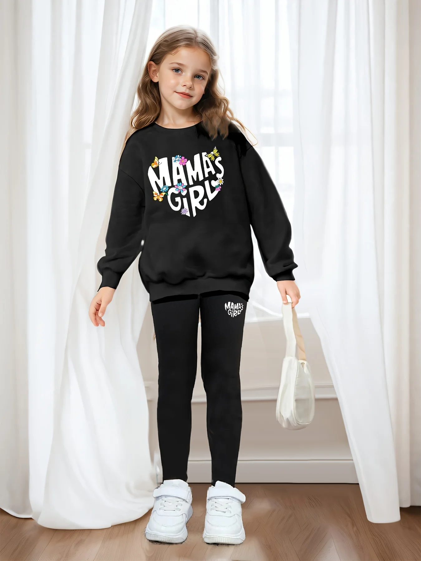

Children's Clothing Girls' Suit "Mama'Sgirl" Printed Long-Sleeved Sweatshirt + Leggings 2-Piece Set, Comfortable at Home and Versatile Round Neck Top for Going Out