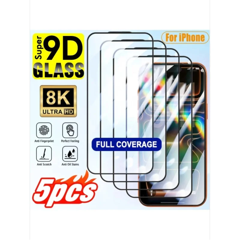 5 Stück 9D Ultra HD Panzerglas Displayschutzfolie mit vollständiger Abdeckung für iPhone 11 X XS 12 13 14 Plus 14 Pro 15 Pro Max 16 16 Pro Max 17 Air 17 Pro 17 Pro Max, Hohe Klarheit,