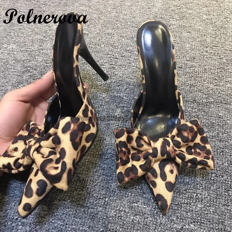 

Leopard Print Bow High Heels Sandals Women Luxury New Thin and Pointed Half Slippers Slides Outdoor Casual Beach Sandals