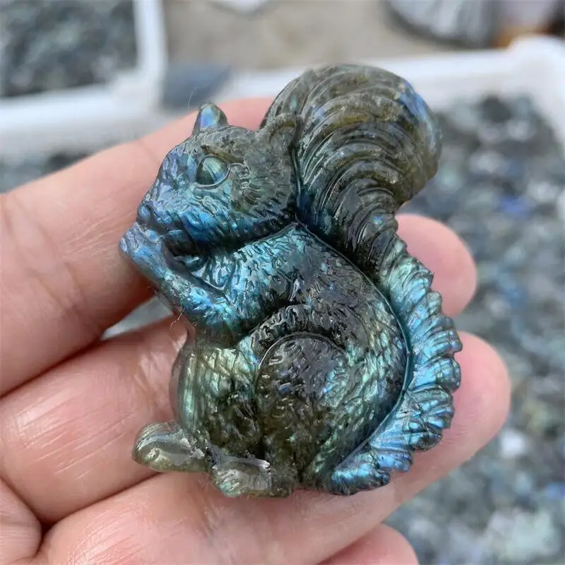 Natural Stone Labradorite Hand Carved Squirrel Crystal Fashion Animal Figurine Gifts Home Decoration Accessories