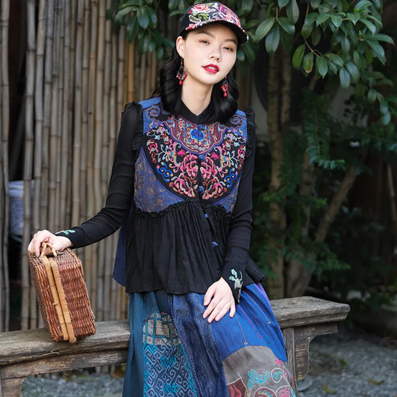 Embroidery Patchwork Chinese Style Women Vest Traditional Oriental Ethnic Casual Gilet Cotton Linen Short Sleeveless Waistcoat