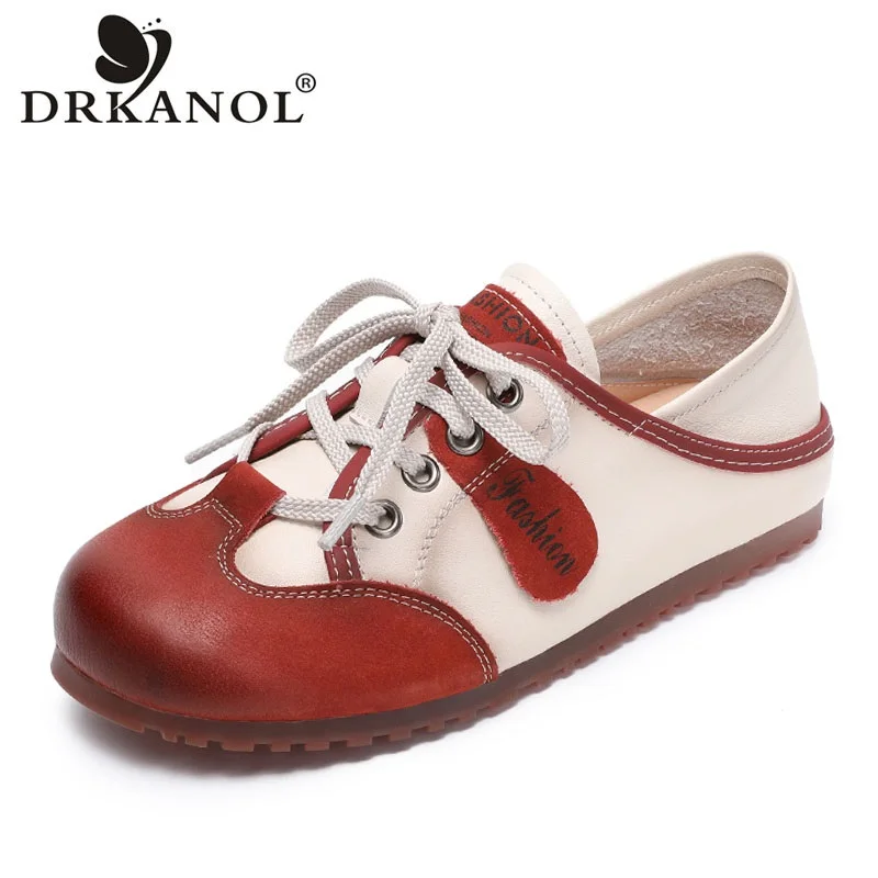 DRKANOL Women Flat Shoes 2026 Spring Shallow Genuine Leather Mixed Colors Soft Comfort Lace-Up Low Heel Casual Shoes H258238Z