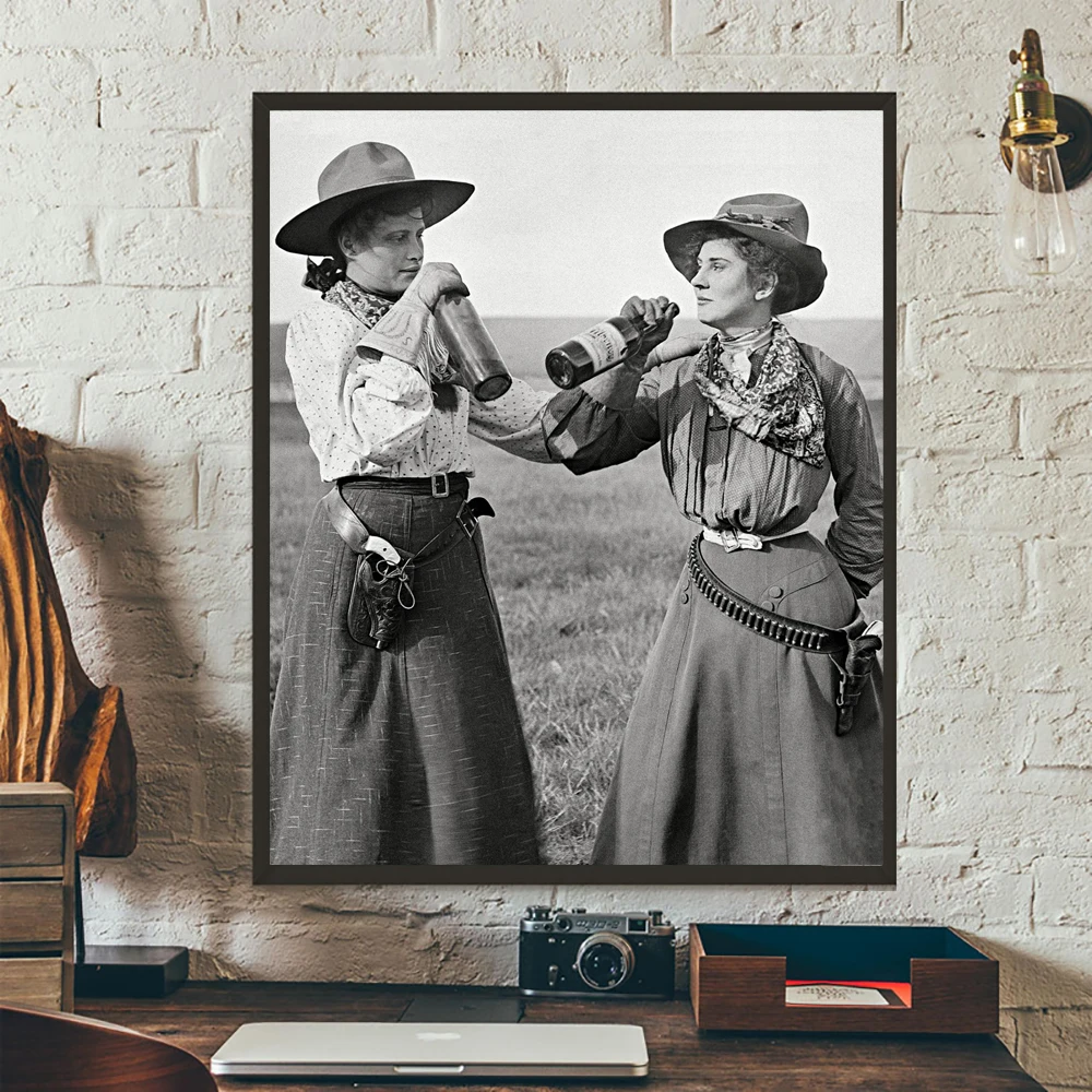 Cowgirls Women Drinking  Print Poster Vintage Wild West Girls Whiskey Canvas Painting America History Picture Wall Art Decor
