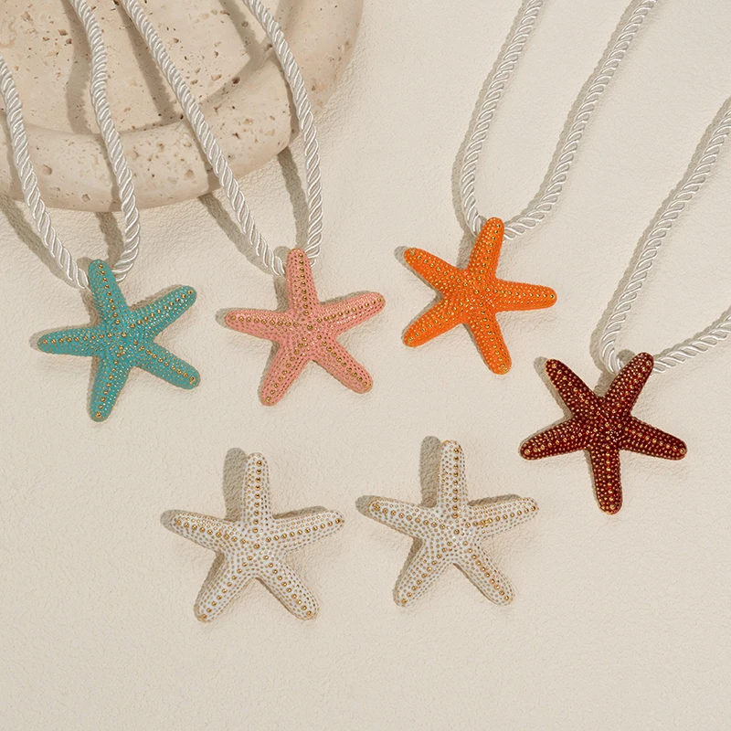 قلادات على شكل نجم البحر من حبل أبيض للنساء من الفولاذ المقاوم للصدأ، مجوهرات صيفية لقضاء العطلات على الشاطئ مقاومة للماء #5