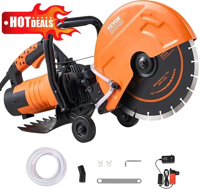 電動コンクリートソー、12インチ、1800Wモーター搭載丸鋸カッター（最大） 4.5インチ調整可能切削深さ、湿式ディスクソーカッター