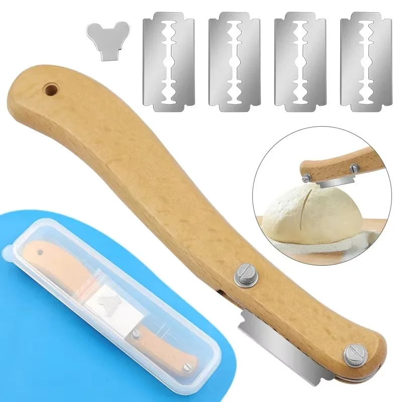 Bread Lame Tool with Wooden Handle and Replaceable Stainless Steel Blades for Artisan Bread Scoring and Baking Decoration