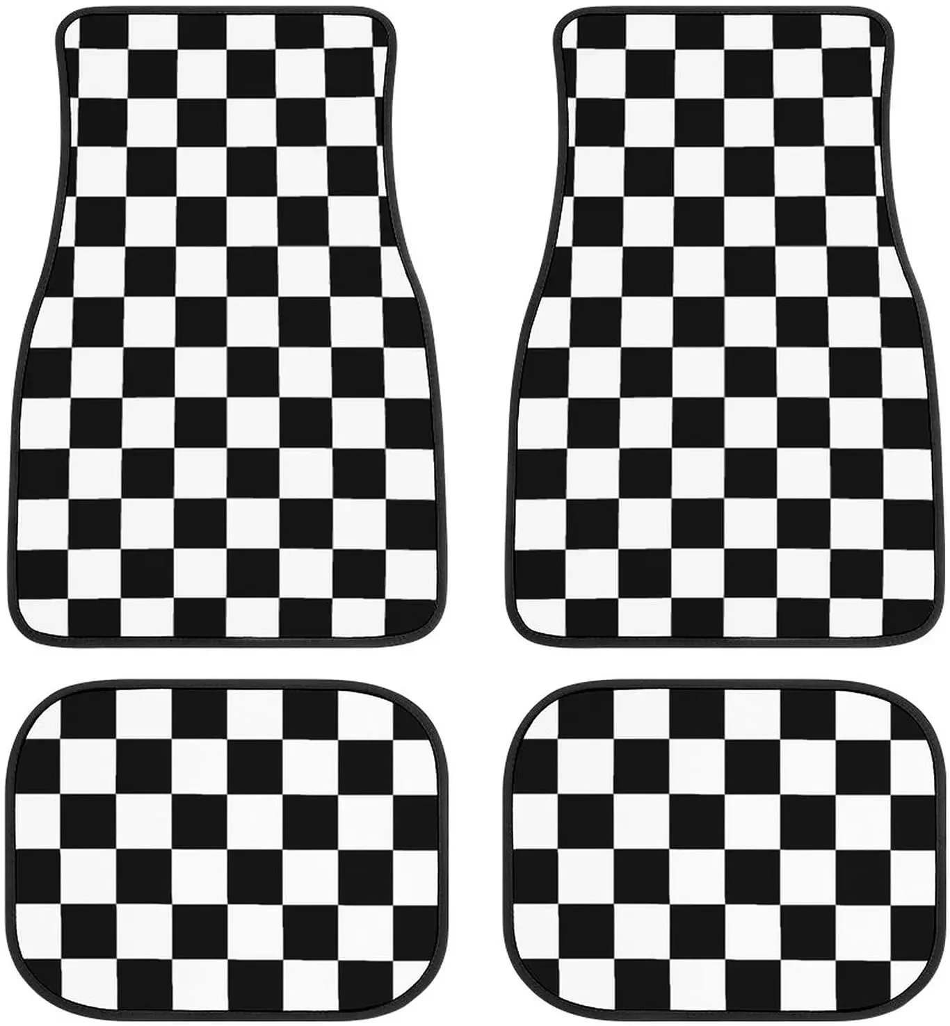 Bagea-Ka Black White Race Checkered Flag Pattern Car Floor Mats 4-Piece Front Rear Protection Set Carpet Universal All Weather