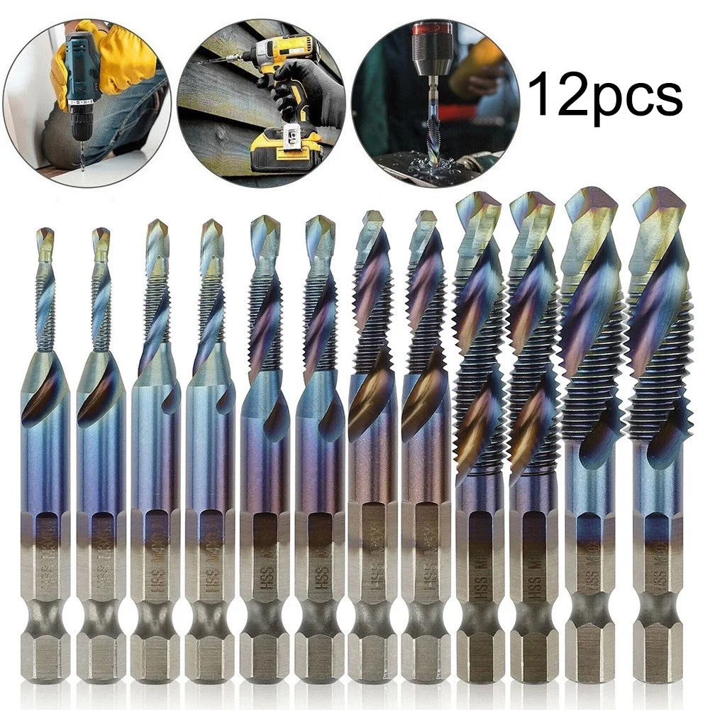 12 Stücke HSS 1/4 "Sechskantschaft Titanbeschichtetes Gewinde Metrisches Gewindebohrer-bohrer-set M5 M6 M8 M10 Kombinationsbit Handwerkzeuge – Detail 8